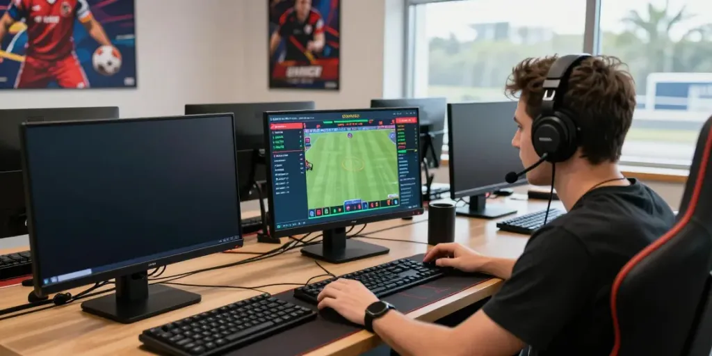 Penggemar kantorbola dengan setup gaming online fantastis, fokus pada taruhan langsung.