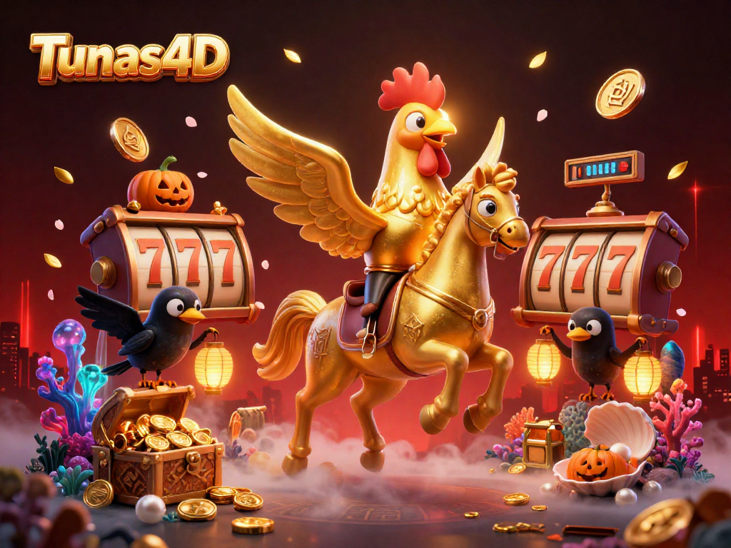 Tunas4D brings excitement with a golden rooster and spectral horse amid vibrant casino action.