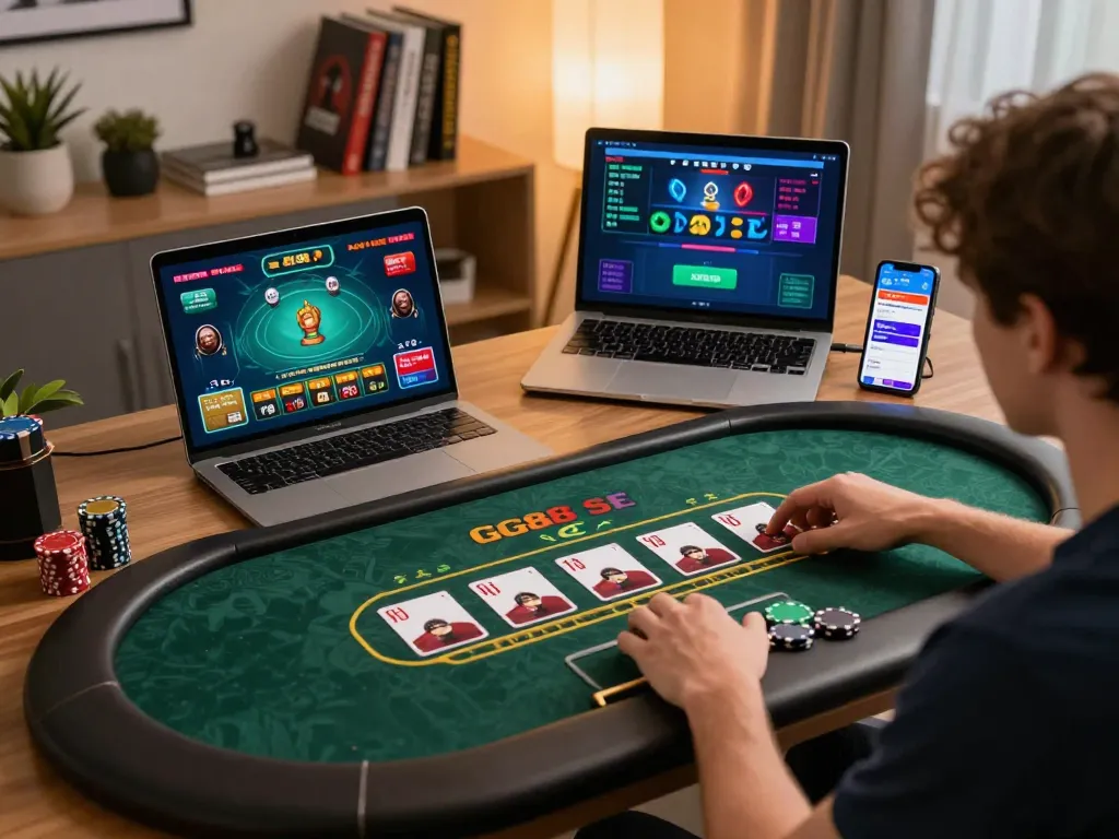 Player enjoying an engaging online game at GG88 SE, showcasing modern gaming setup with vibrant screen graphics.