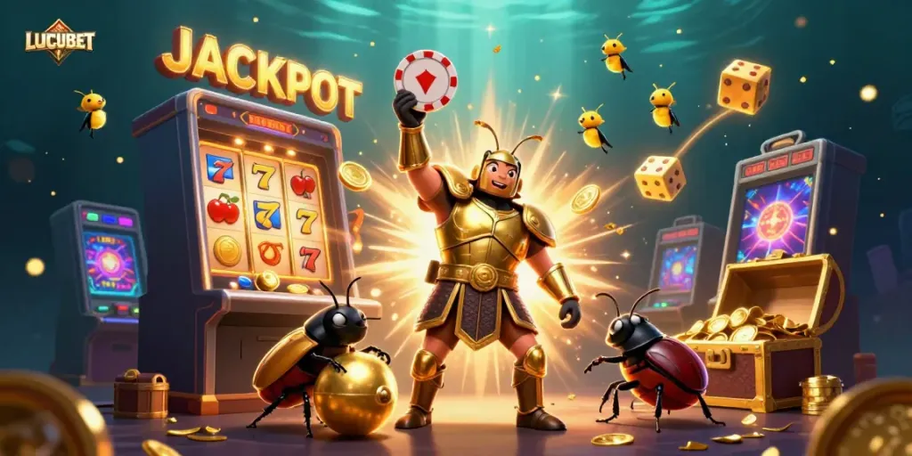 LUCUBET features a victorious cartoon beetle celebrating a jackpot with vibrant casino elements.