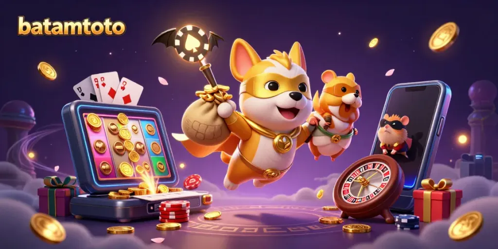 Engage with batamtoto's thrilling gaming elements in a vibrant 3D casino illustration featuring playful characters.