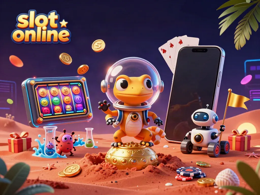 Menggali pengalaman slot online dengan Martian gecko dan robot, merayakan jackpot di kasino emas.