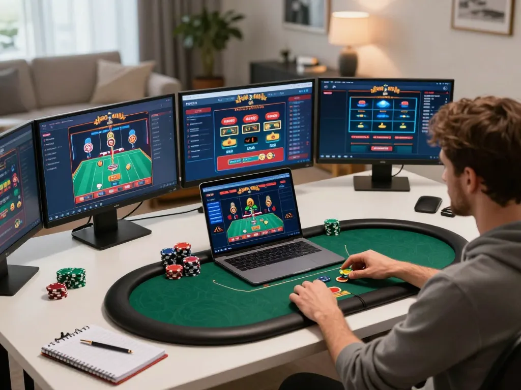 Engaging in strategic poker gameplay at go8s online casino with multiple screens showing action.