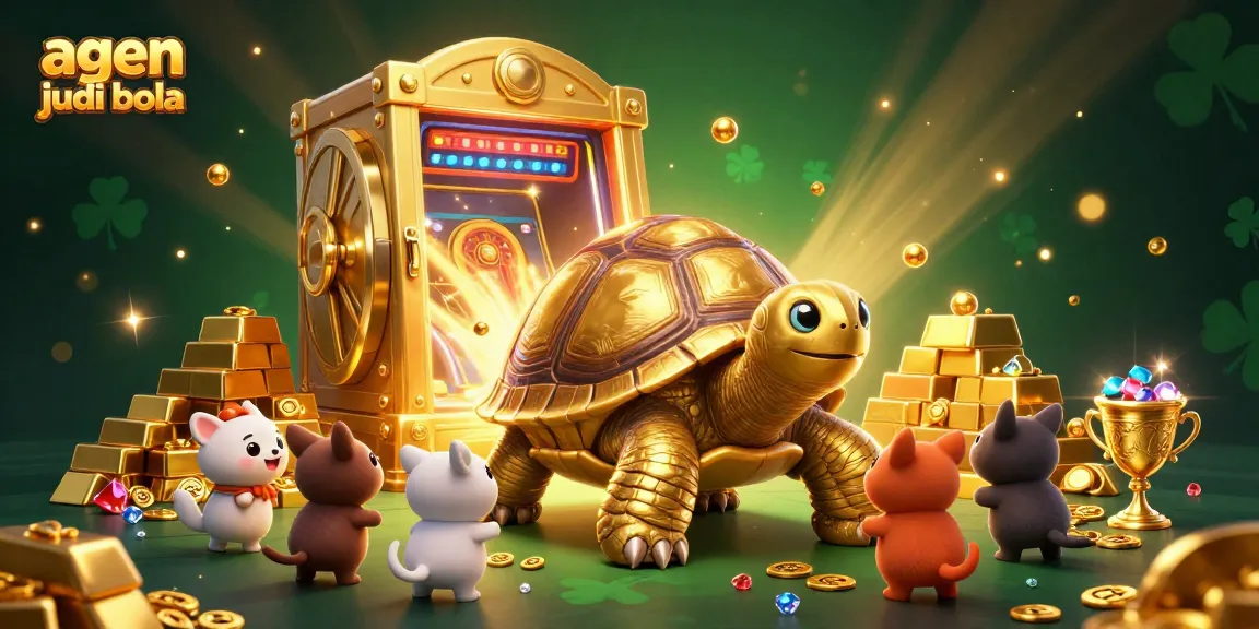 Exciting scene of agen judi bola with detailed cartoon tortoise and treasure elements.