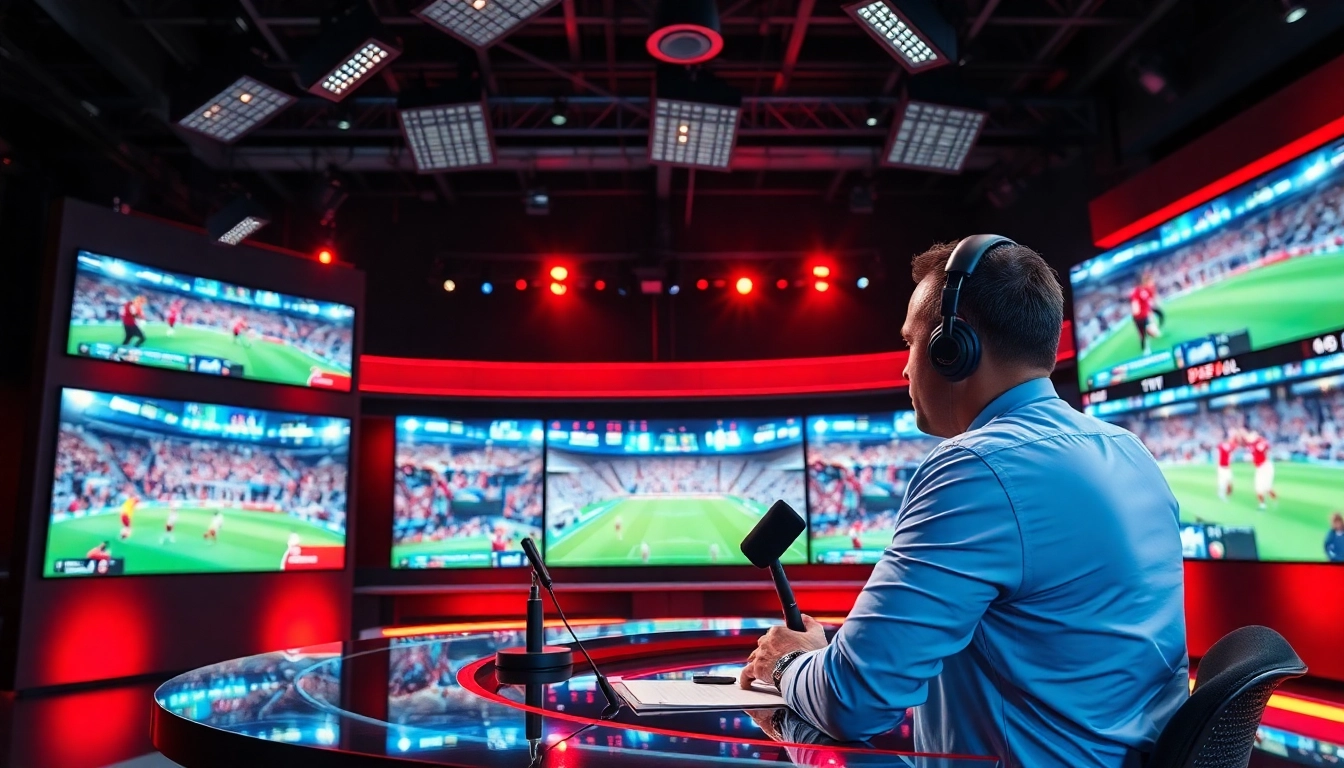 Engaging sports broadcasting scene highlighting a dynamic sports anchor in a modern studio.