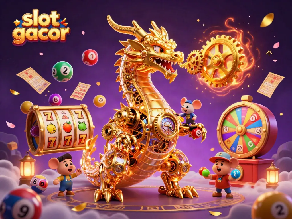 Engage in winning slot gacor adventures alongside a golden dragon and playful mouse engineer amid vibrant gaming elements.