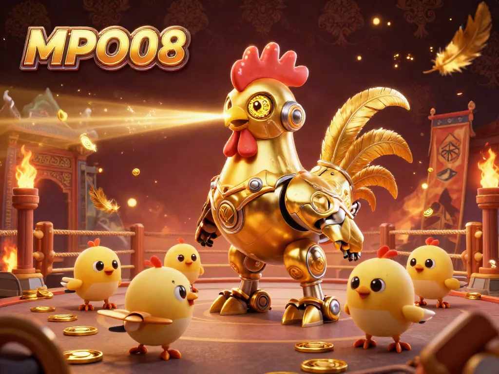 MPO08 and golden rooster robot dominate an epic gambling battle arena with dynamic elements.