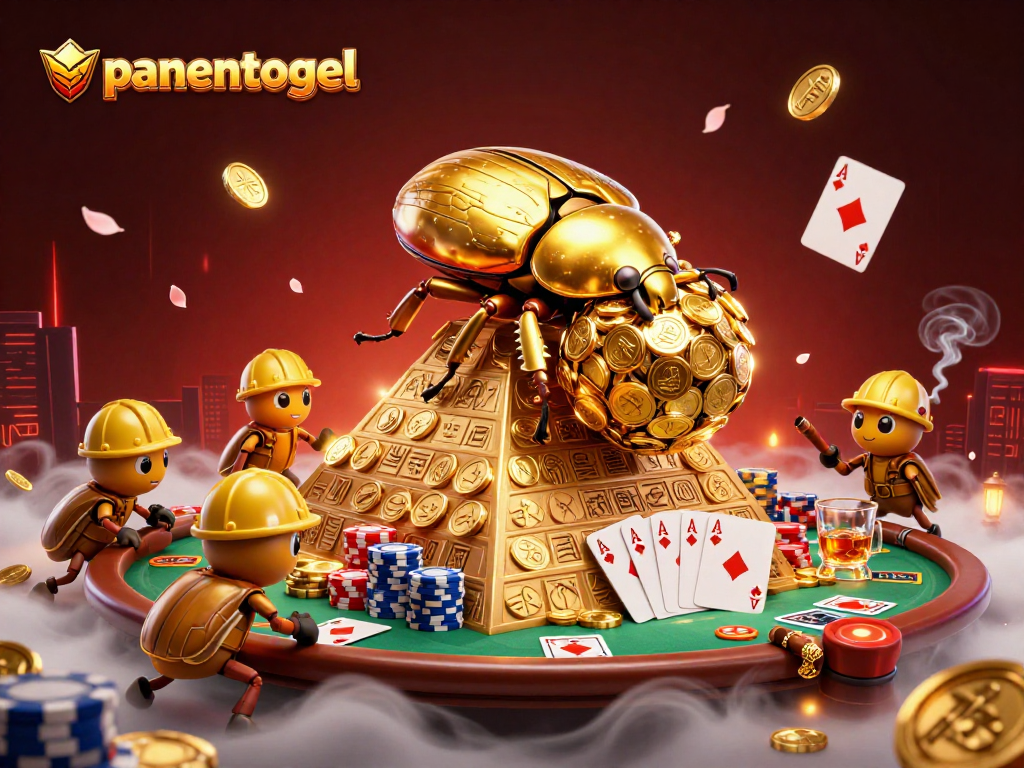 Experience panentogel's vibrant gaming ambiance as golden beetles navigate a casino pyramid.