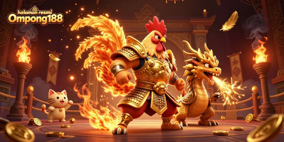 Permainan penuh warna di halaman resmi Ompong188 dengan pejuang ayam dan naga berapi.