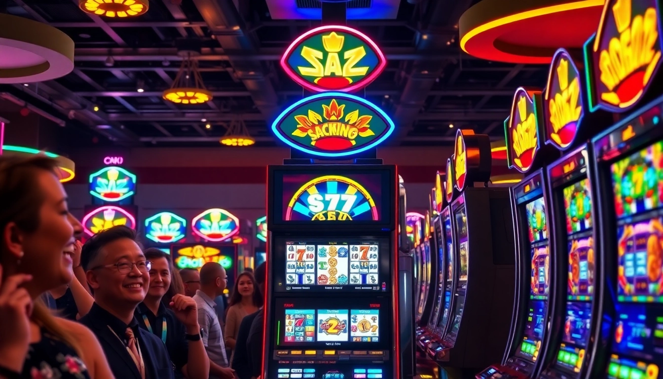 Slot yang menonjol dengan lampu cerah dan pemain yang bersemangat di kasino.