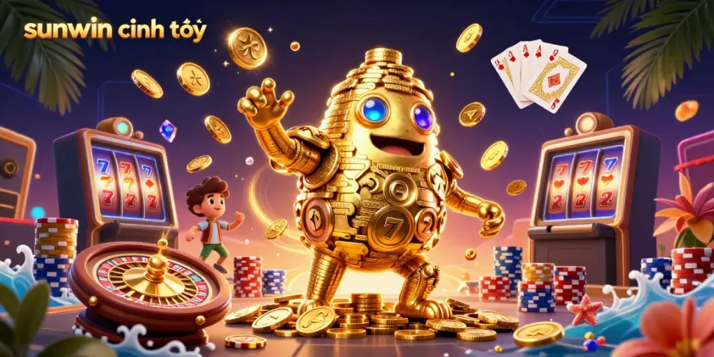 Experience dynamic gaming with sunwin chính thức featuring the golden golem surrounded by cascading coins and a vibrant casino atmosphere.