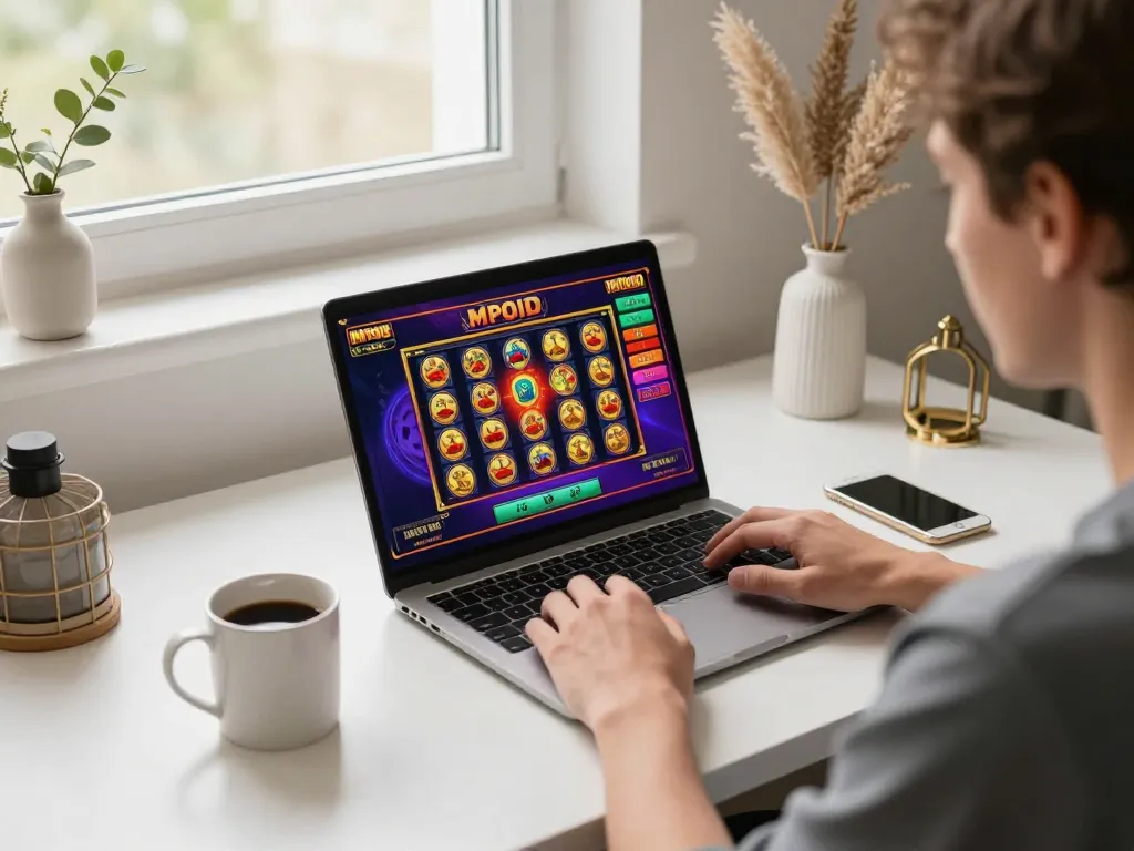 MPOID online gaming scene with a player strategizing at their laptop, warm inviting atmosphere