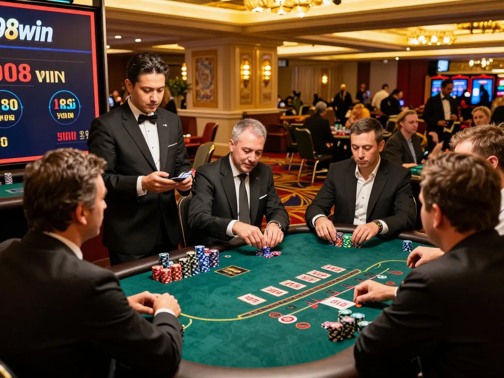Players engaging in blackjack at a dynamic Las Vegas casino showcasing 98win vin's excitement