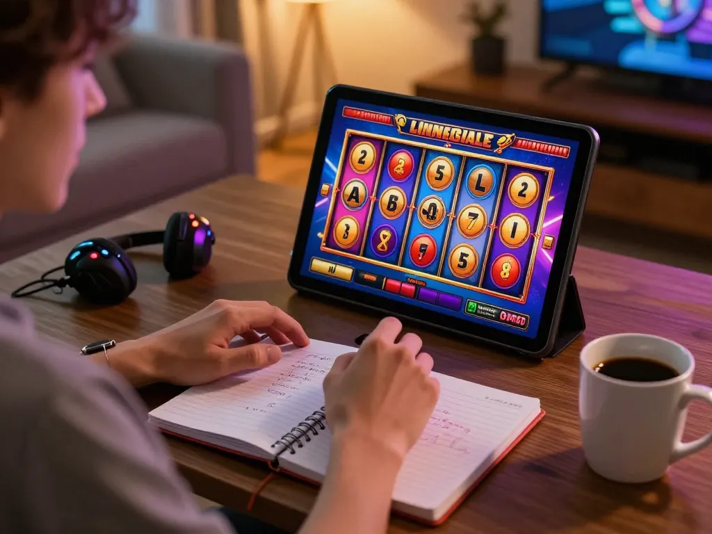 Engaging in Slot Online gaming while enjoying a cozy home environment with strategic notes and colorful tablet display.