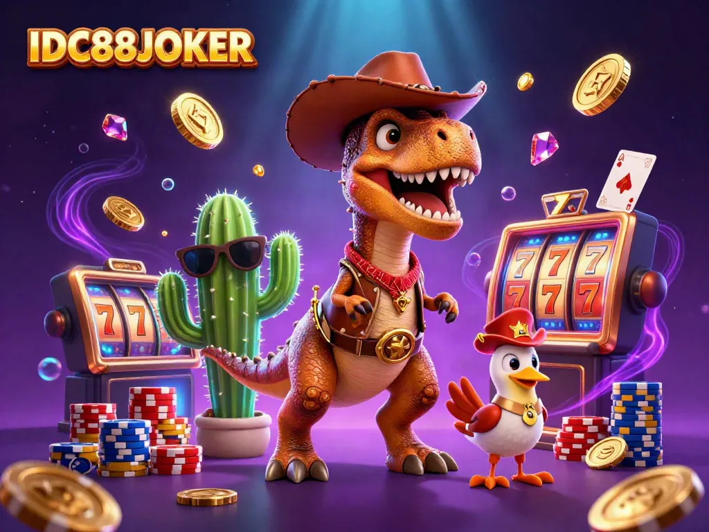 IDC88JOKER showcases a thrilling scene of a cowboy dinosaur enjoying online slots with illuminated coins and colorful poker chips.