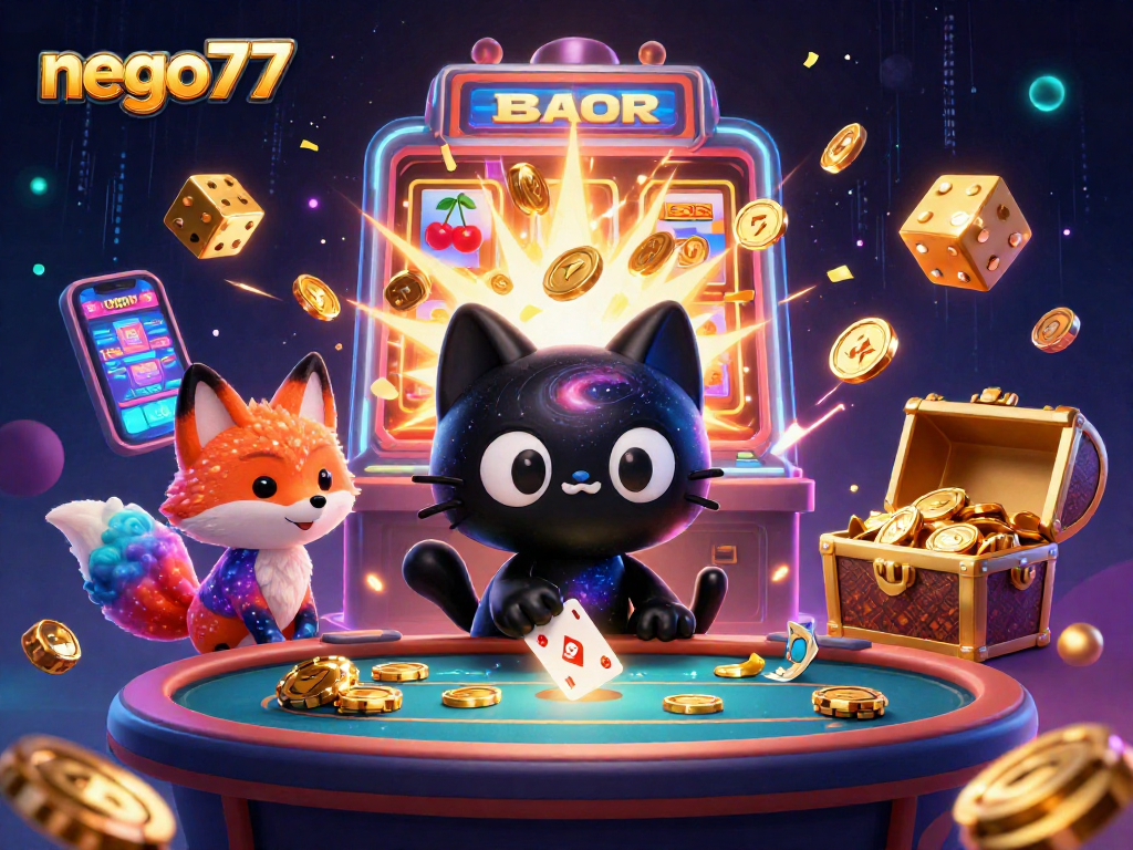 Nego77 takes center stage with a cosmic theme, featuring vibrant characters surrounded by casino elements.