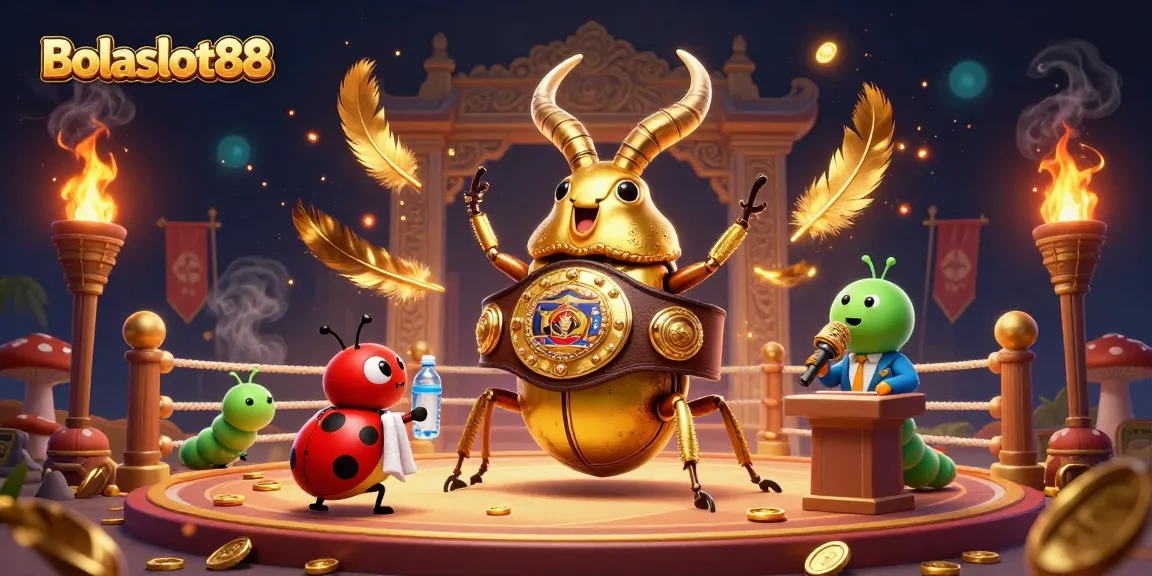 Bolaslot88 showcases a boxing beetle and vibrant casino elements in a thrilling arena scene.