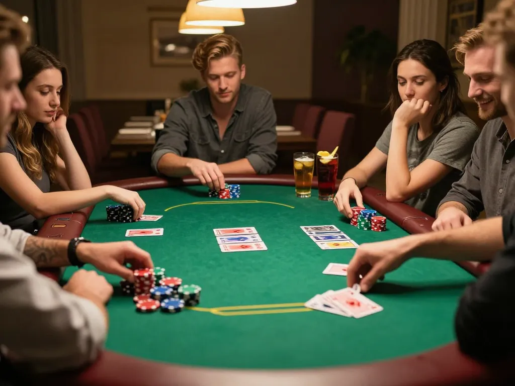 fitur login m88 dengan teman menikmati permainan poker di rumah, pengaturan yang cerah dan suasana yang meriah