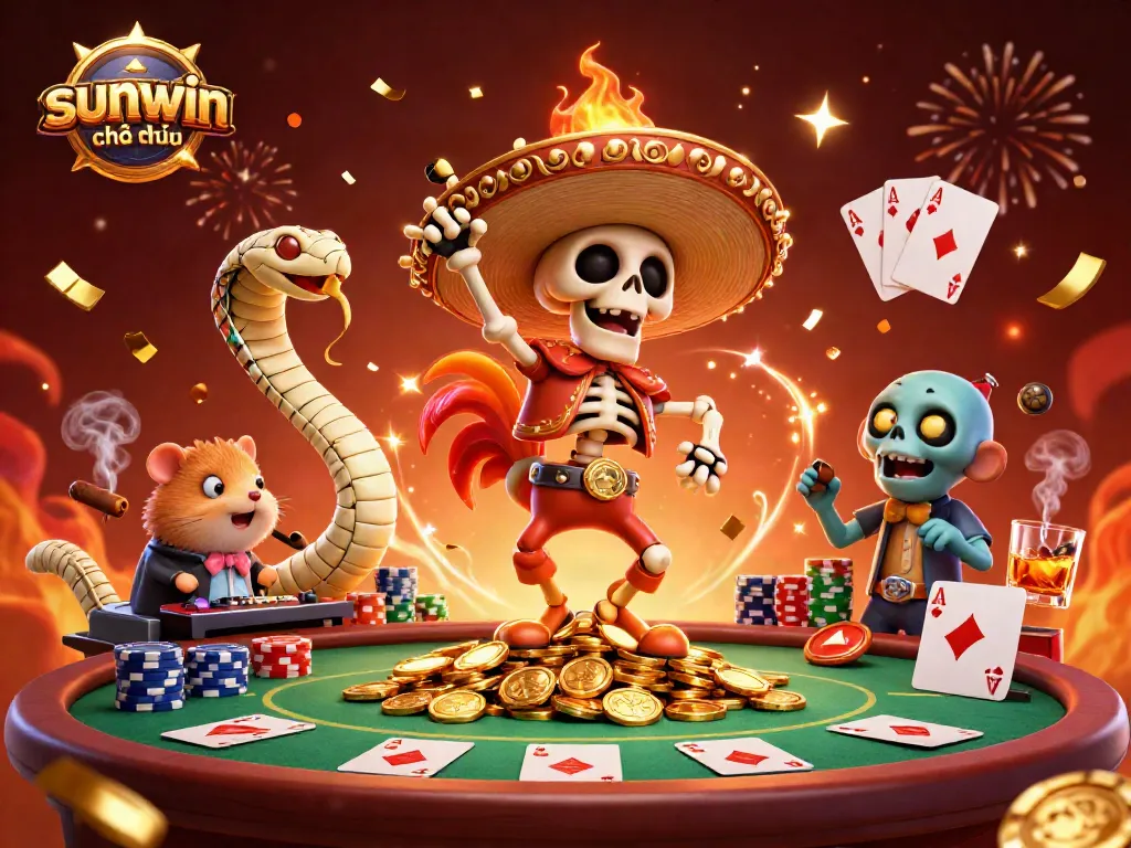 Experience the excitement of sunwin chính thức with a vibrant casino scene featuring animated characters in action.
