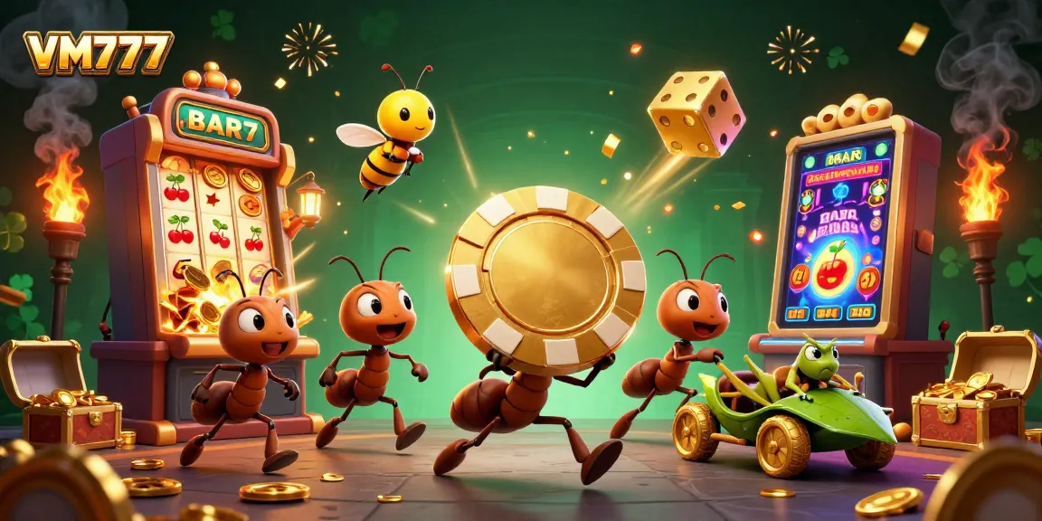 VM777 showcases ants on a heist, blending casino excitement with colorful gaming elements