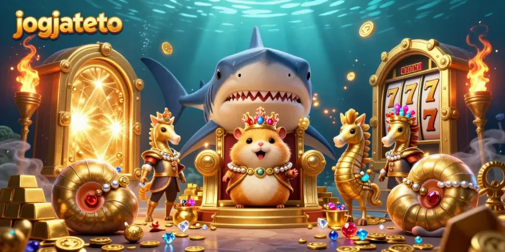 Experience gaming excitement with jogjatoto, featuring a fierce hamster king and treasure elements.