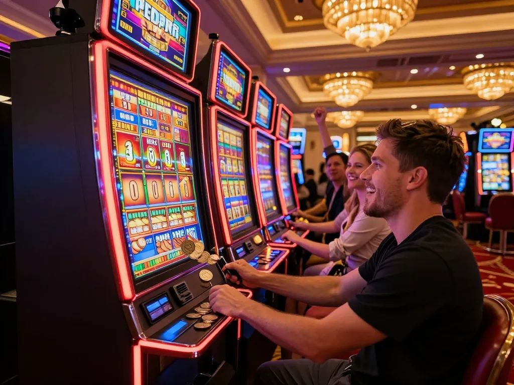 LIGA2000 player enjoying a slot machine victory in an elegant Las Vegas casino.