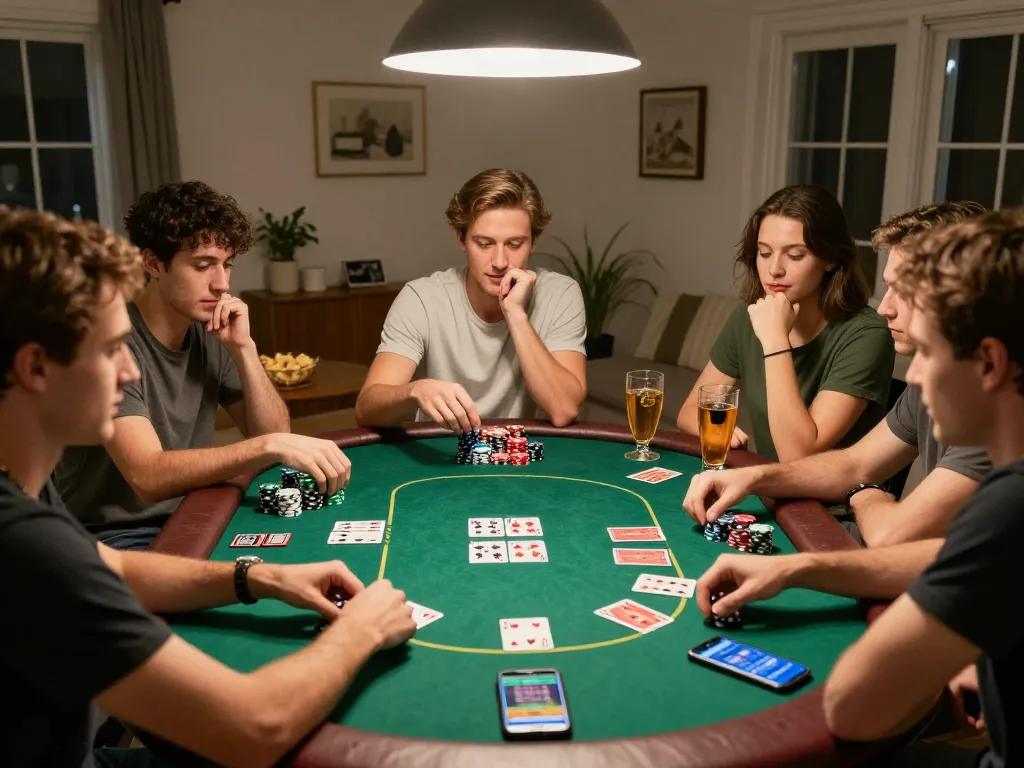 Players enjoy a strategic poker game at home, showcasing fabet's engaging atmosphere and friendly competition