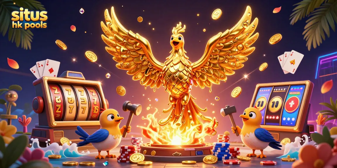 Menggoda peluang menang di situs hk pools dengan ilustrasi kasino 3D dinamis yang memperlihatkan simbol emas dan permainan slot.
