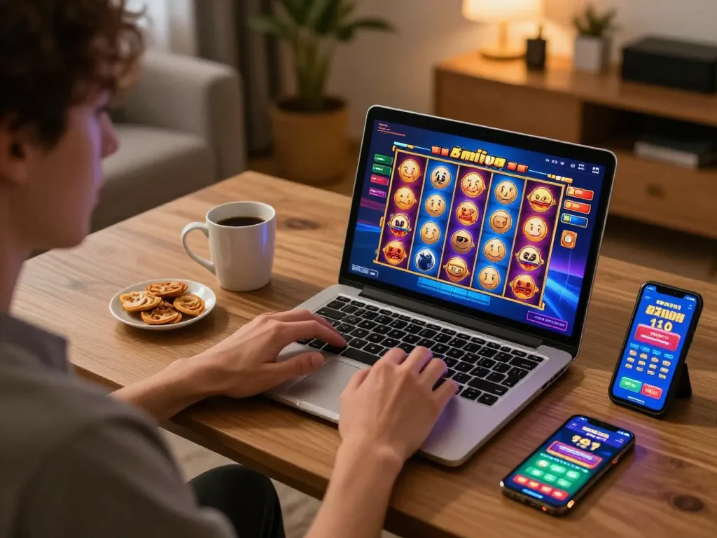 Player enjoying exciting OKESLOT online slots at home with colorful game interface on laptop