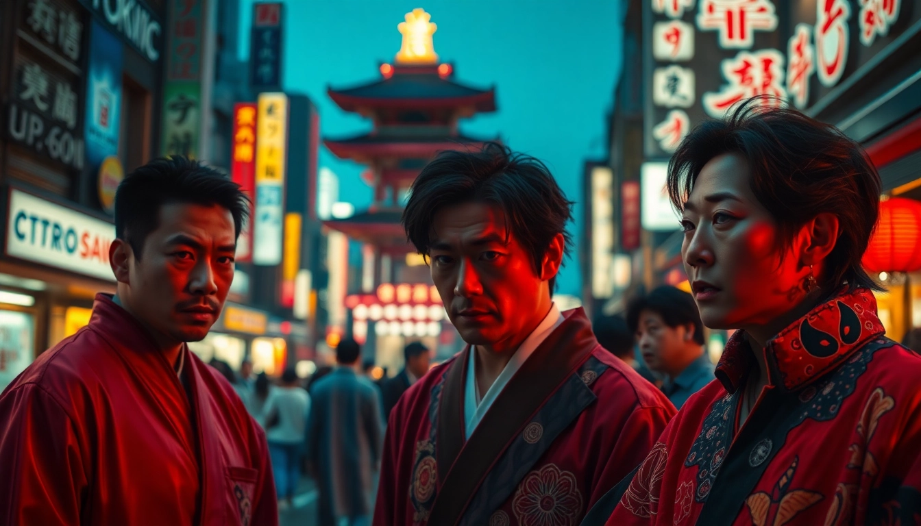 Menggambarkan film semi jepang dengan aktor berkostum cerah di latar belakang Tokyo.