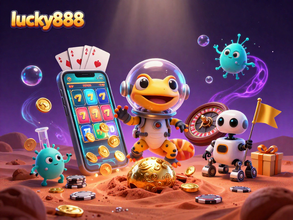Experience winning strategies at lucky888 with 3D Martian gecko discovering a golden casino in space.