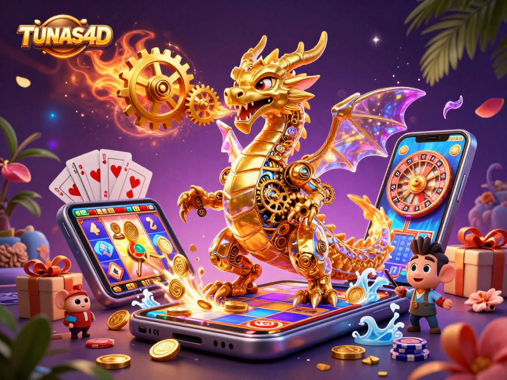 TUNAS4D showcases the action-packed adventure with a golden dragon and engaging gaming elements.