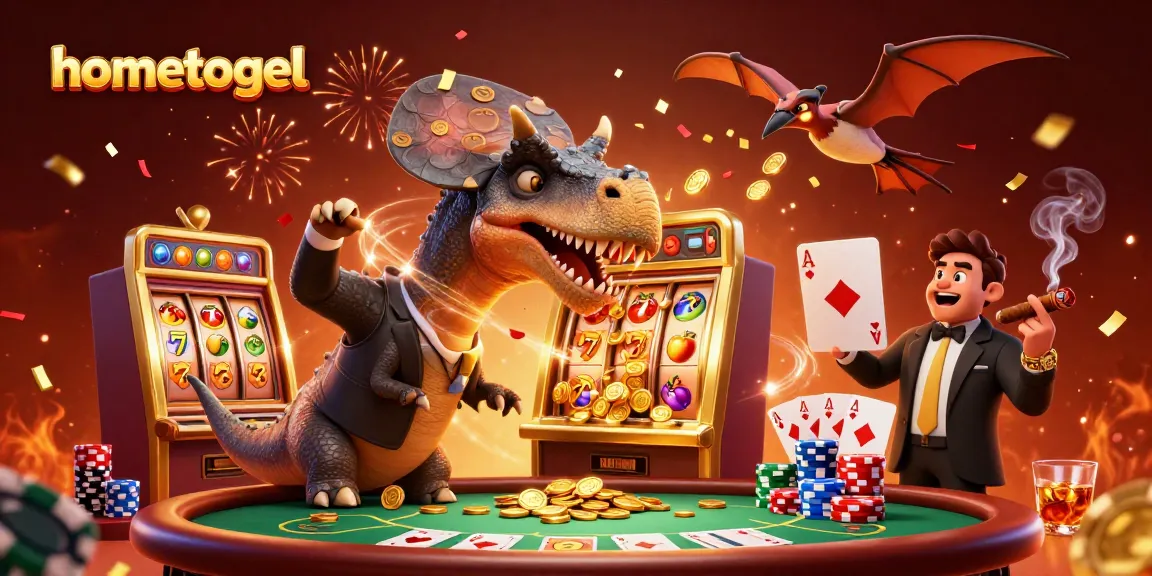 Experience hometogel excitement as a dinosaur celebrates a jackpot at a vibrant casino scene.