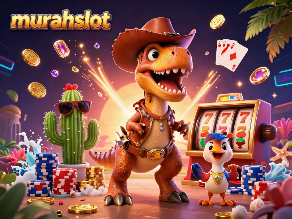 Spin to victory at murahslot with dynamic T-Rex, cactus sidekick, and roadrunner in a lively 3D casino scene.
