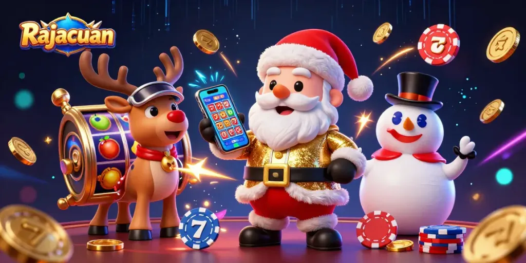 Rajacuan showcases a vibrant 3D scene with Santa and friends celebrating jackpot wins at a casino.