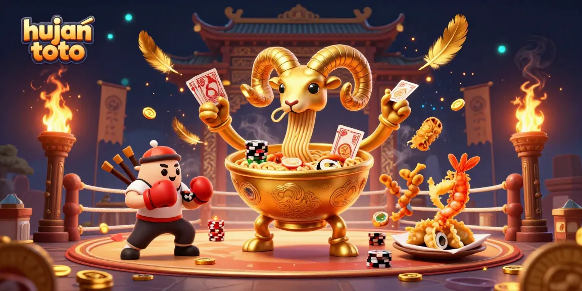 Experience the excitement of hujan toto with a vibrant illustration of a casino battle featuring joyful characters and dynamic elements.