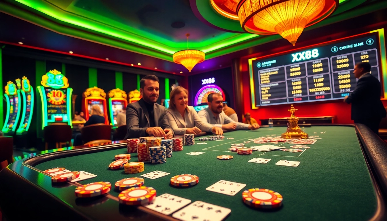 Exciting poker scene at XX88 casino with vibrant chips and dynamic gaming atmosphere.
