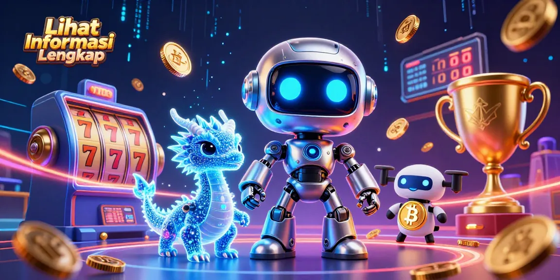 Lihat Informasi Lengkap in a vibrant casino scene featuring a cyberpunk robot, holographic dragon, and bitcoin-themed drone.