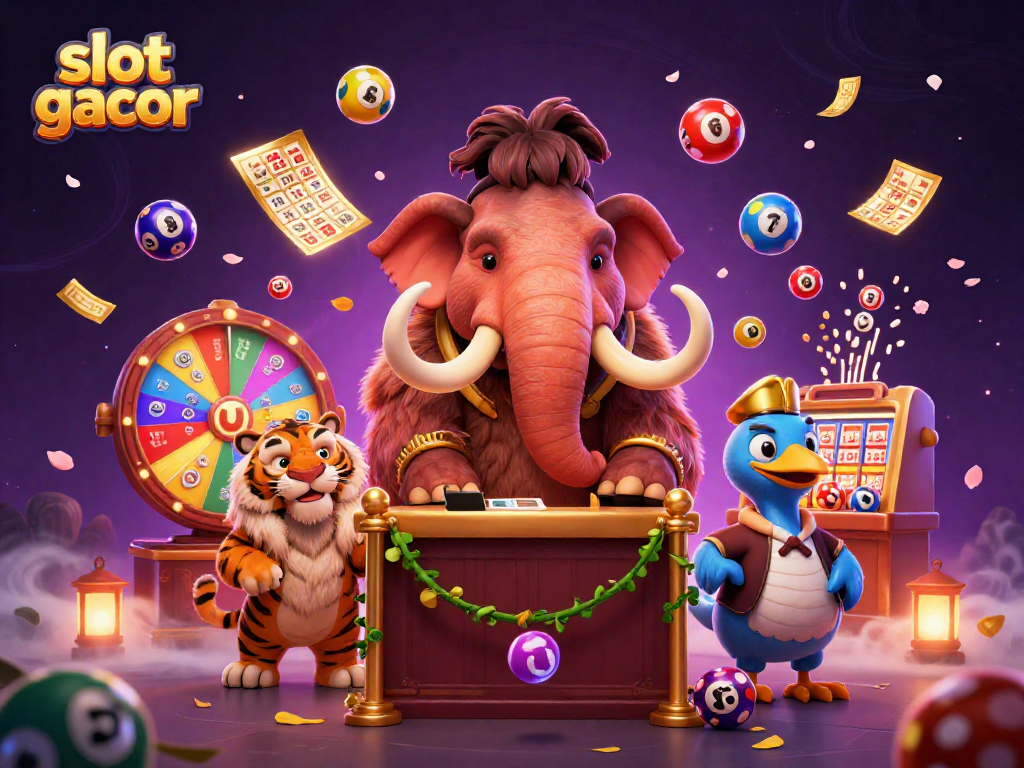 Bersenang-senang dengan slot gacor di kasino, dikelilingi bola lotere berwarna-warni dan suasana meriah.