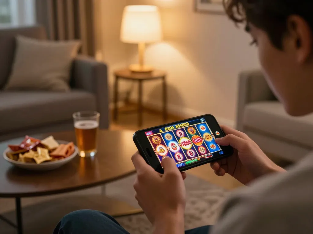 Engaged player enjoying Slot x1000 game on smartphone in cozy living room setting