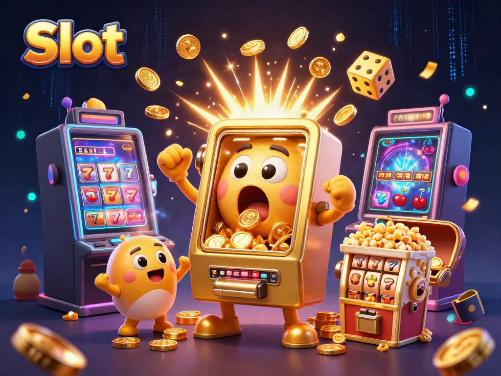 Slot mesin emas yang bergerak shock tertimpa koin dalam ilustrasi 3D yang meriah.