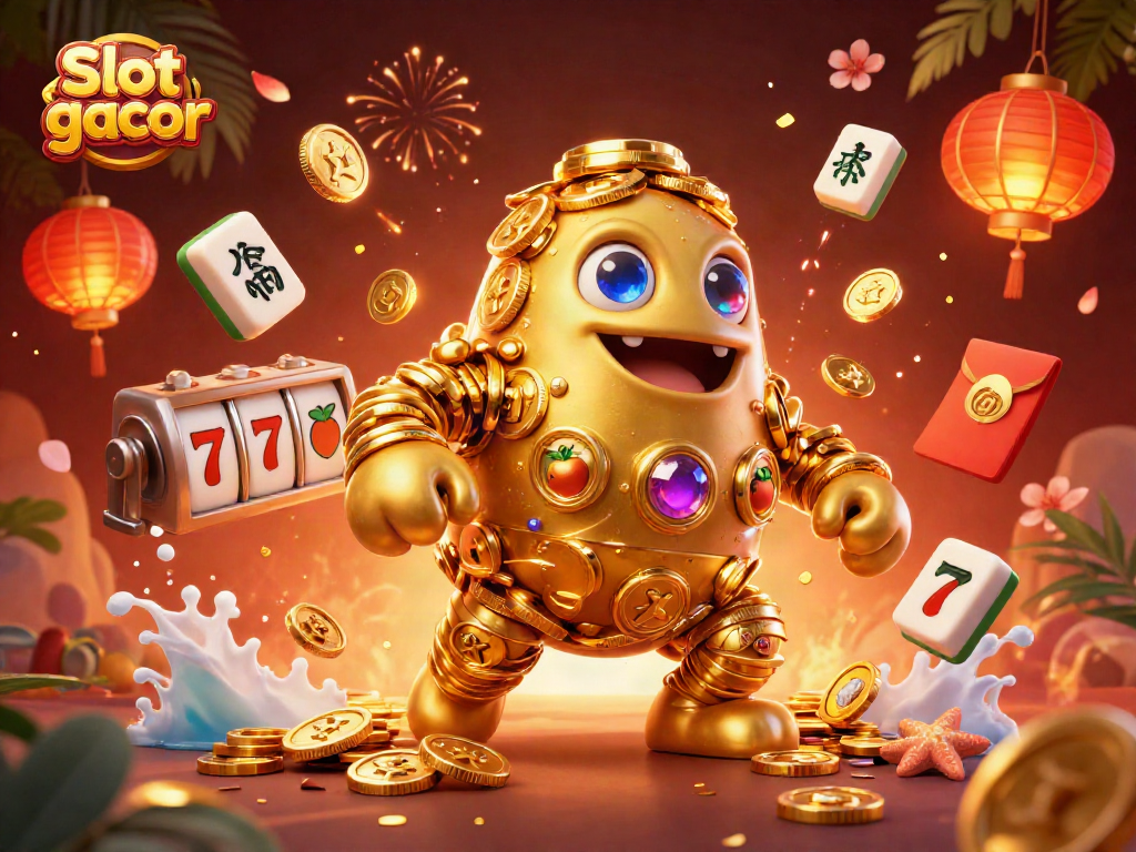 Menang besar dengan Slot gacor, simbol mesin slot dan koin emas berputar dalam suasana kasino yang meriah.