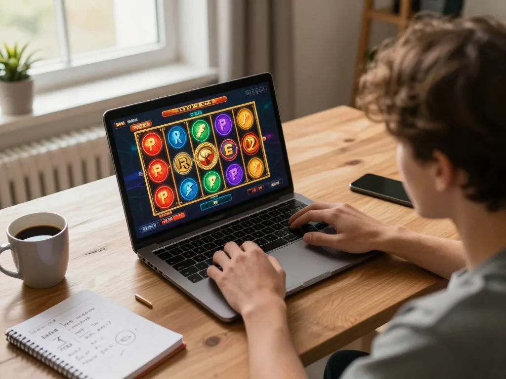 Engaging gameplay of slot olympus displayed on laptop, person immersed in online gaming.