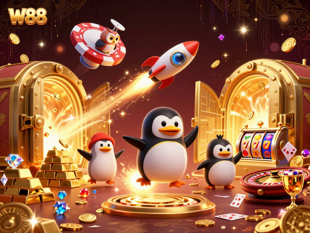 Experience the W88 casino universe with a golden penguin rocket, slot reels, and treasure!