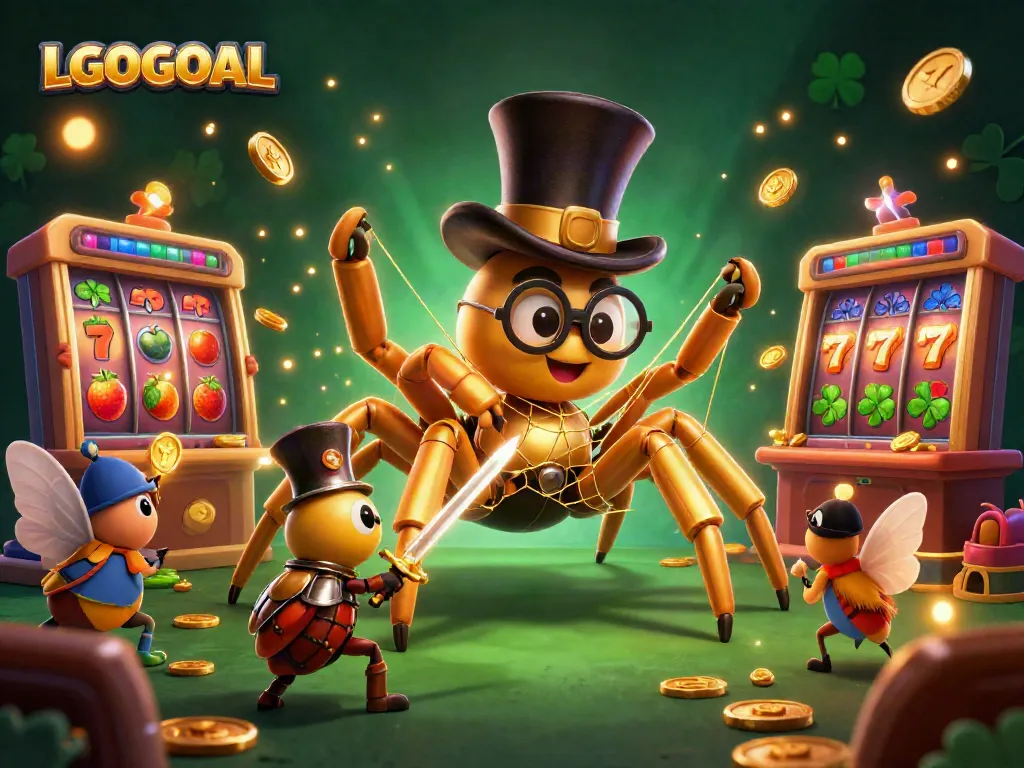 Engage in thrilling gaming with LGOGOAL as a giant golden tarantula weaves a lucky web amidst spinning slot reels.