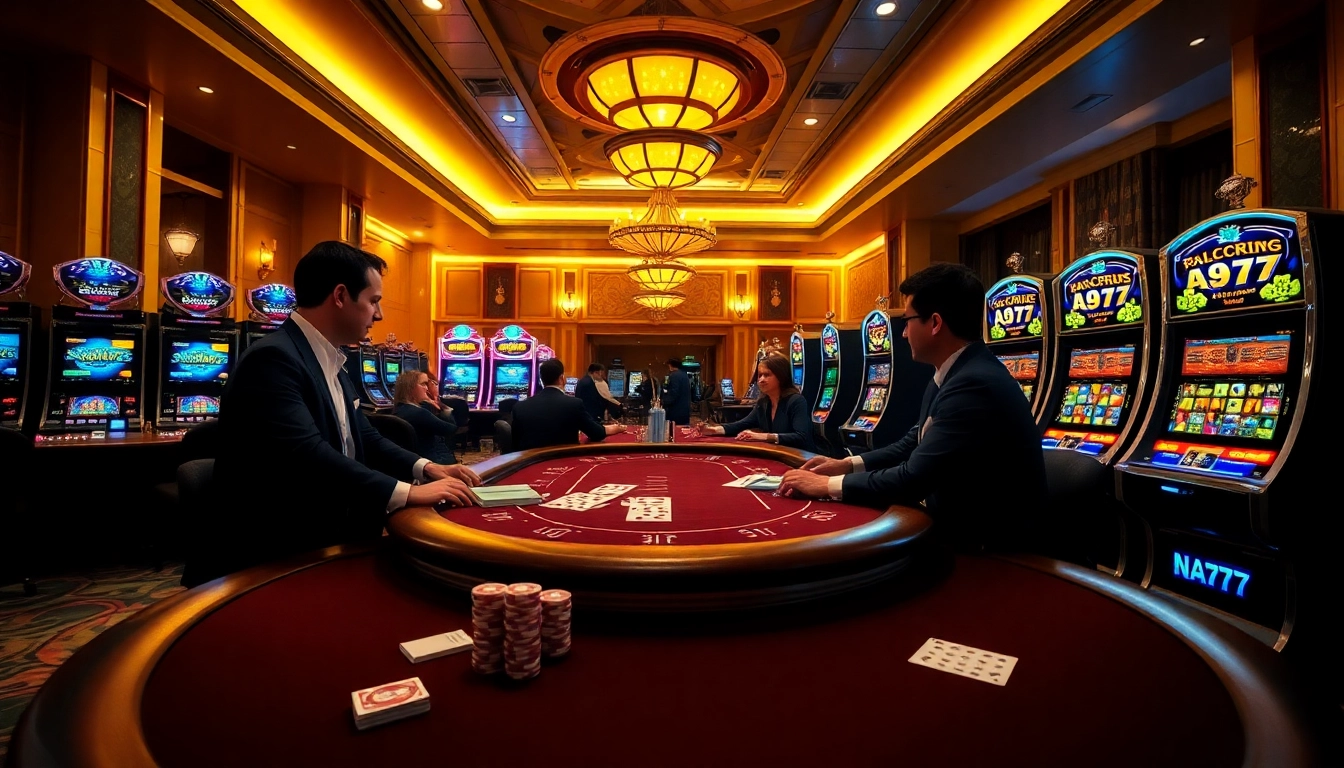Experience the thrill of NA777 with professional dealers and vibrant gaming tables in a luxurious casino setting.