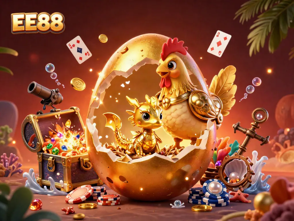 Experience the excitement of EE88 with golden dragon treasures and dynamic casino elements.