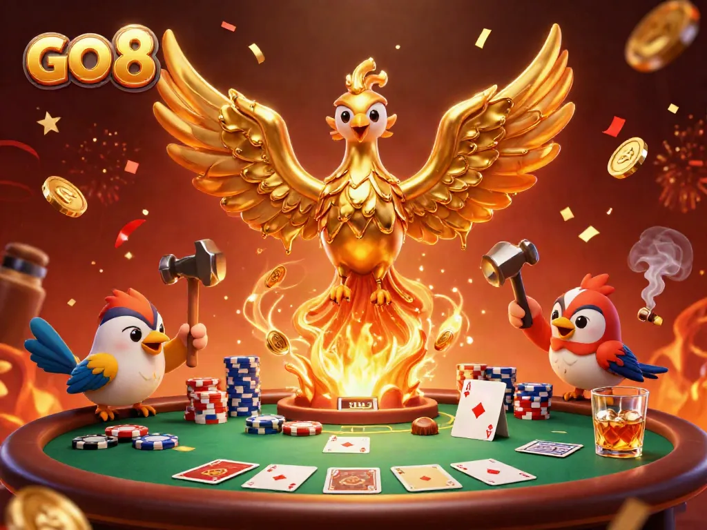 Experience the GO 8 thrill with a golden phoenix and dynamic poker elements in vibrant celebration.