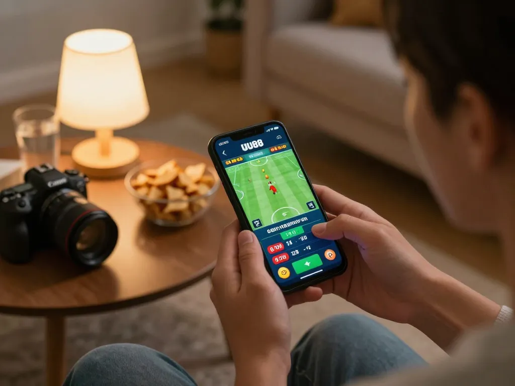 Player utilizing the UU88 app for sports betting, displaying dynamic match odds, cozy home atmosphere.