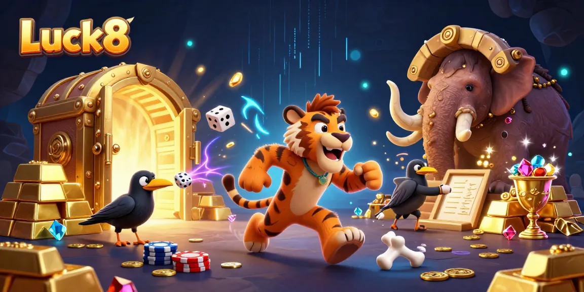 Experience Luck8's thrilling gaming world with vibrant characters in an adventurous casino scene.